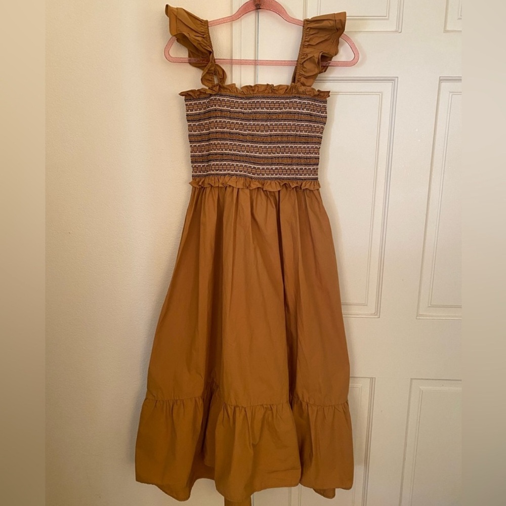 En Saison Yellow Smocked Ruffled Midi Sundress